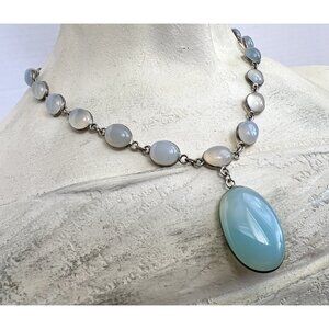 Vintage Sterling Silver Open Back Blue Chalcedony & Moonstone Pendant Necklace